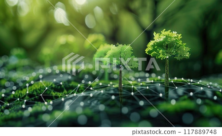 Two trees are growing in a field of grass by AI generated image Two trees are growing in a field of grass by AI generated image 117889748
