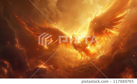 A fiery bird is flying through a cloudy sky by AI generated image 117889765