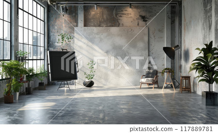 A large room with a white wall and a black board on it by AI generated image 117889781