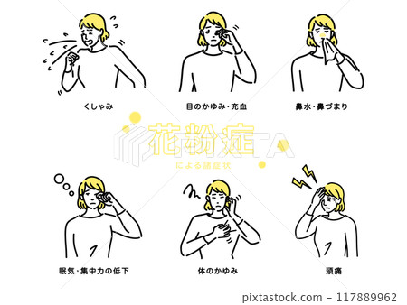 Illustration of various symptoms of hay fever Illustration of various symptoms of hay fever 117889962