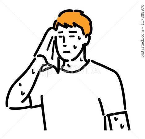 A man sweating profusely due to heat stroke A man sweating profusely due to heat stroke 117889970