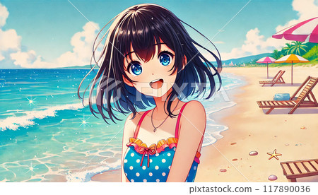 夏日風景的插圖，一個穿著泳衣的女孩在夏日大海的海灘上玩耍 117890036