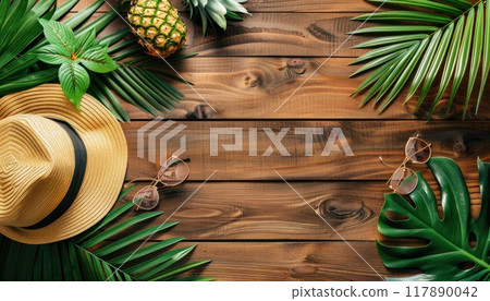 A tropical scene with a hat, sunglasses, and a pineapple on a wooden table by AI generated image 117890042