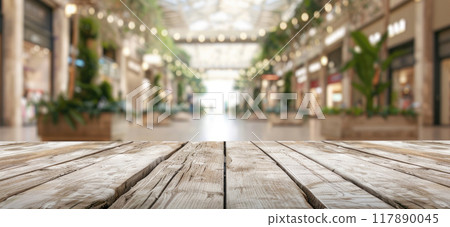 A wooden table with a view of a large indoor shopping mall by AI generated image 117890045