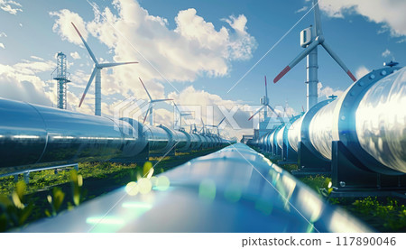 A green earth is on top of a large pipe by AI generated image 117890046