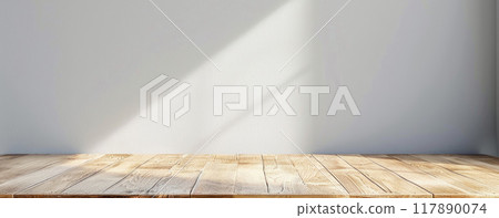 A wooden table with a white wall behind it by AI generated image A wooden table with a white wall behind it by AI generated image 117890074