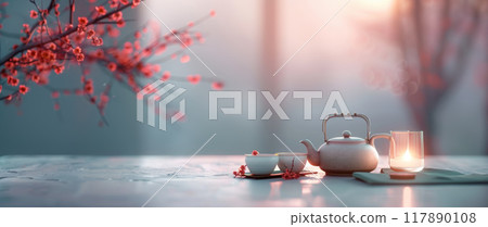 A teapot and two cups are on a table next to a tree with red blossoms by AI generated image A teapot and two cups are on a table next to a tree with red blossoms by AI generated image 117890108