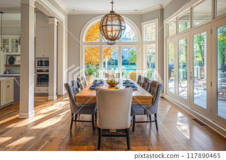 Dining room and kitchen copy space on background. Generative AI 117890465