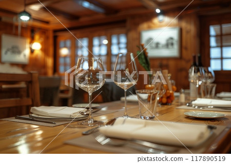 Dining room and kitchen copy space on background. Generative AI 117890519