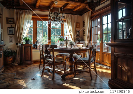 Dining room and kitchen copy space on background. Generative AI 117890546