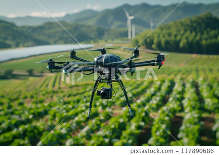 Farming with drone. agriculture and harvest technology innovation. Generative AI 117890686