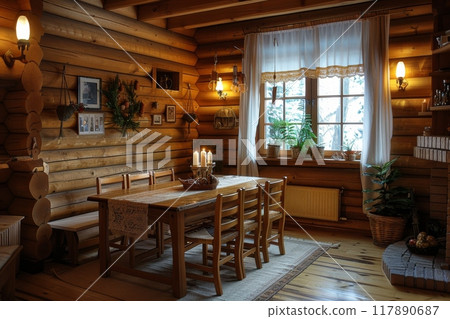 Dining room and kitchen copy space on background. Generative AI 117890687