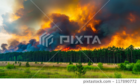 Wildfire or forest fire, bushfire uncontrolled fire that burns in wild land vegetation. 117890772