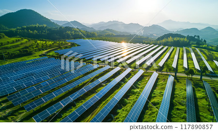 Solar farm, Solar cells panels for electricity alternative renewable energy on top of mountain. 117890857