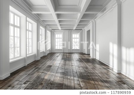 Empty room and wooden floor. Empty room for advertising. Generative AI 117890939