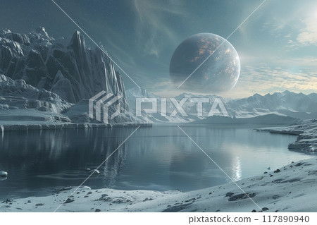 Futuristic Alien Planet with Icy Landscape. Generative AI 117890940
