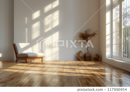 Empty room and wooden floor. Empty room for advertising. Generative AI 117890954