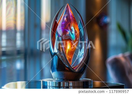 Close-up of a colorful, holographic American football trophy, symbolizing sports achievement and competition. Generative AI 117890957
