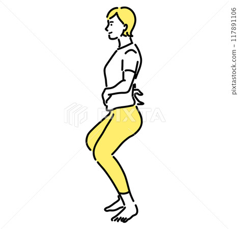 Side view of a young woman doing hip splits with her hands on her stomach and waist 117891106