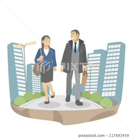 Illustration of a business person walking through a city 117891439