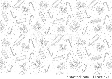 A delightful Christmas-themed coloring page featuring bows, candy canes, and clappers. Perfect for holiday crafts and creative activities. 117891474