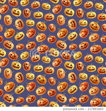 Halloween festive smiling spooky pumpkins seamless pattern decor. Hand drawn orange scary Halloween pumpkins on dark background. Autumn holiday backdrop for wrapping, fabric, textile 117891663