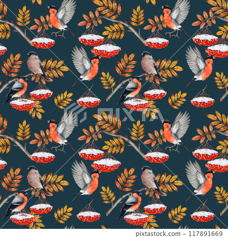 Winter time bullfinch birds with rowan twig, red berries covered with snow seamless pattern. Watercolor illustration. Winter season bullfinch bird, rowanberry, leaves design element for printing 117891669