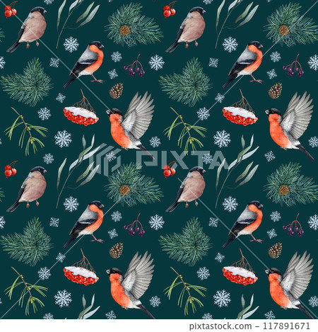 Winter time bullfinch birds seamless pattern, natural elements, pine branches, rowanberry snow covered. Watercolor illustration forest bullfinch bird, berries, snowflakes pattern on dark background 117891671