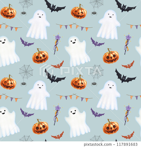 Halloween funny ghost decor seamless pattern. Hand drawn painted illustration. Spooky ghosts, pumpkin, bat, spider web, flag garland in traditional colors. Halloween seamless pattern decor element 117891683