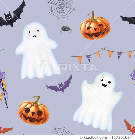 Halloween decor seamless pattern. Hand drawn painted illustration. Funny spooky ghosts, pumpkin, bat, spider web, flag garland in traditional colors. Halloween seamless pattern lavender background Halloween decor seamless pattern. Hand drawn painted illustration. Funny spooky ghosts, pumpkin, bat, spider web, flag garland in traditional colors. Halloween seamless pattern lavender background 117891684