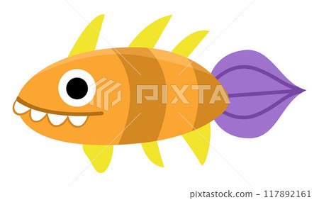 Vector cartoon prehistoric fish icon with teeth. Cute dinosaur illustration for kids. Funny ancient marine animal clipart for children isolated on white background 117892161