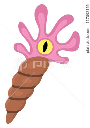 Vector cartoon prehistoric seashell or mollusk icon with teeth. Cute dinosaur era ammonite illustration for kids. Funny ancient marine animal clipart for children isolated on white background 117892163