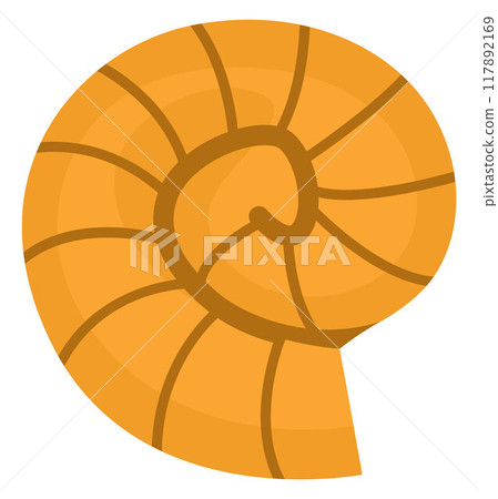 Vector cartoon prehistoric seashell or mollusk icon with teeth. Cute dinosaur era ammonite illustration for kids. Funny ancient marine animal clipart for children isolated on white background Vector cartoon prehistoric seashell or mollusk icon with teeth. Cute dinosaur era ammonite illustration for kids. Funny ancient marine animal clipart for children isolated on white background 117892169