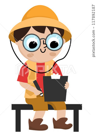 Vector paleontologist icon. Cartoon archeologist boy clipart in hat sitting and making notes on notepad. Historical dinosaur dig or excavations scientist or explorer illustration. Tourist picture 117892187