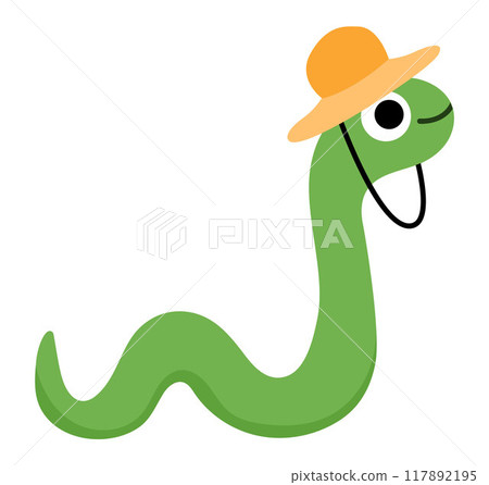 Vector snake in orange hat icon. Cartoon archeologist animal clipart. Historical dinosaur dig or excavations scientist or explorer illustration. Cute reptile picture for kids Vector snake in orange hat icon. Cartoon archeologist animal clipart. Historical dinosaur dig or excavations scientist or explorer illustration. Cute reptile picture for kids 117892195