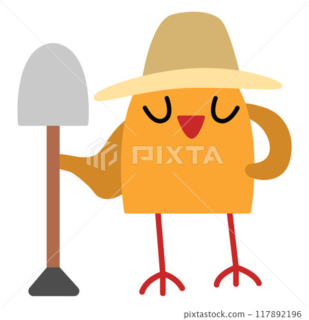 Vector bird in orange hat standing with spade icon. Cartoon archeologist animal clipart. Historical dinosaur dig or excavations scientist or explorer illustration. Cute digger picture for kids Vector bird in orange hat standing with spade icon. Cartoon archeologist animal clipart. Historical dinosaur dig or excavations scientist or explorer illustration. Cute digger picture for kids 117892196
