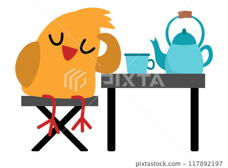 Vector bird sleeping by the table with kettle and teacup icon. Cartoon archeologist animal clipart. Historical dinosaur dig or excavations scientist or explorer illustration. Cute picture for kids Vector bird sleeping by the table with kettle and teacup icon. Cartoon archeologist animal clipart. Historical dinosaur dig or excavations scientist or explorer illustration. Cute picture for kids 117892197