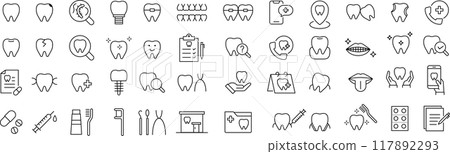 Vector monochrome tooth related line icon set 117892293