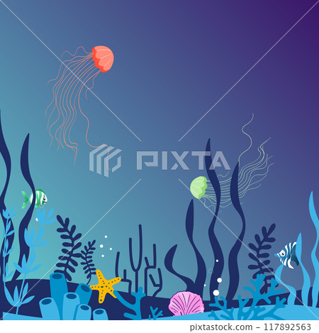 Jellyfish elegantly float in the depths of the ocean. 117892563