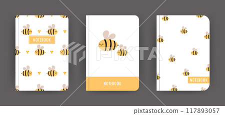 Cover page notebook collection. Templates with Honey Bees. Perfect for diary, books, magazines, journals, catalogs, planners and flyers. Vector layouts 117893057