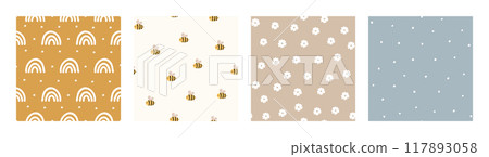 Bohemian Baby pattern. Set of Boho print for kids with bee, rainbow and flowers. Gender Neutral Nursery Cute Ornaments. Vector illustration in flat cartoon style Bohemian Baby pattern. Set of Boho print for kids with bee, rainbow and flowers. Gender Neutral Nursery Cute Ornaments. Vector illustration in flat cartoon style 117893058