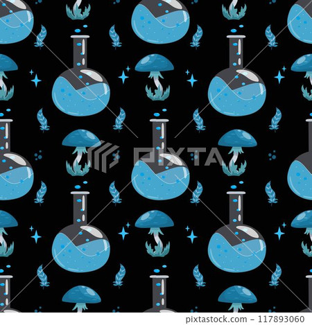 Halloween stories. Seamless pattern a glass potion bottle  117893060
