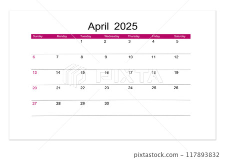 April 2025 Calendar page for 2025 year isolated on white, Saved clipping path. 117893832