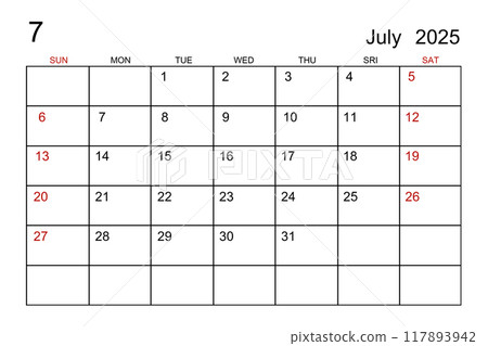 A July 2025 calendar template on white paper background. 117893942