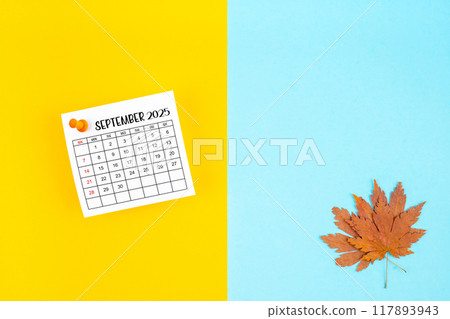 September 2025 calendar and autumn foliage on a yellow and blue. Empty space provided for text or advertising purposes. 117893943