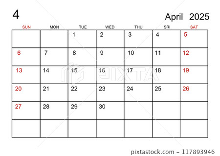 A April 2025 calendar template on white paper background. 117893946