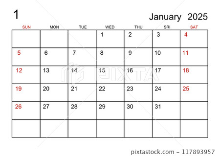 A January 2025 calendar template on white paper background. A January 2025 calendar template on white paper background. 117893957