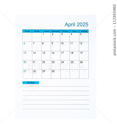 The Vertical of April 2025 Calendar page for 2025 year isolated on white background, Saved clipping path. 117893960