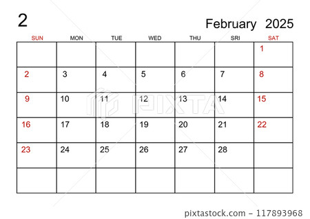 A February 2025 calendar template on white paper background. 117893968