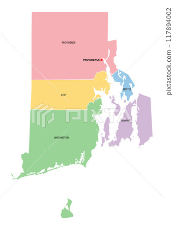 Rhode Island, U.S. state, subdivided into 5 counties, multi colored political map with capital Providence, and borders. State in the New England region of USA, nicknamed Ocean State, and Little Rhody. 117894002